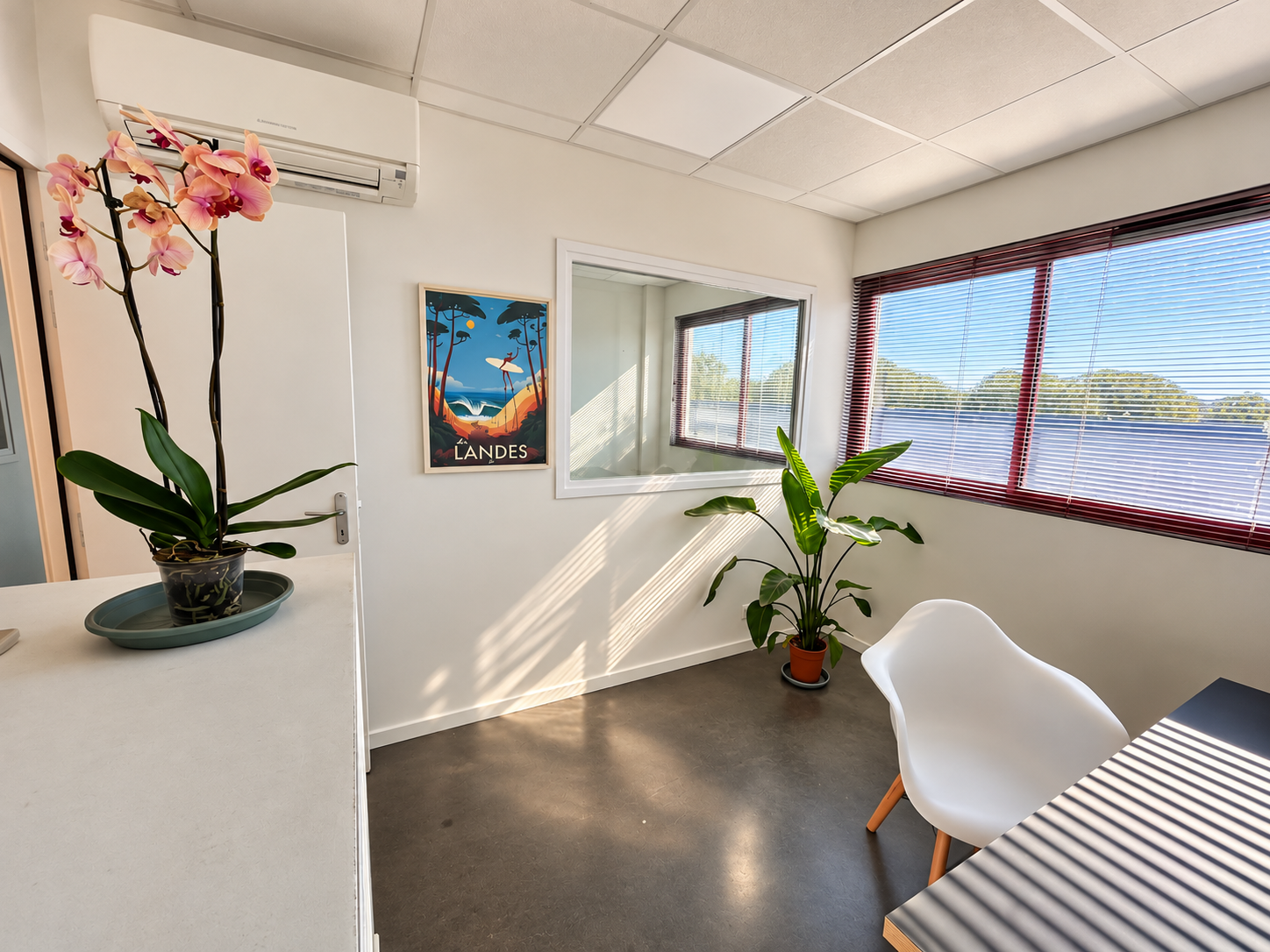 Coin du bureau avec orchidée, affiche Les Landes et miroir